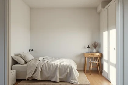 Petite chambre de moins de 9m2 avec lit simple, bureau compact et hauteur sous plafond visible, illustrant les règles légales de surface habitable