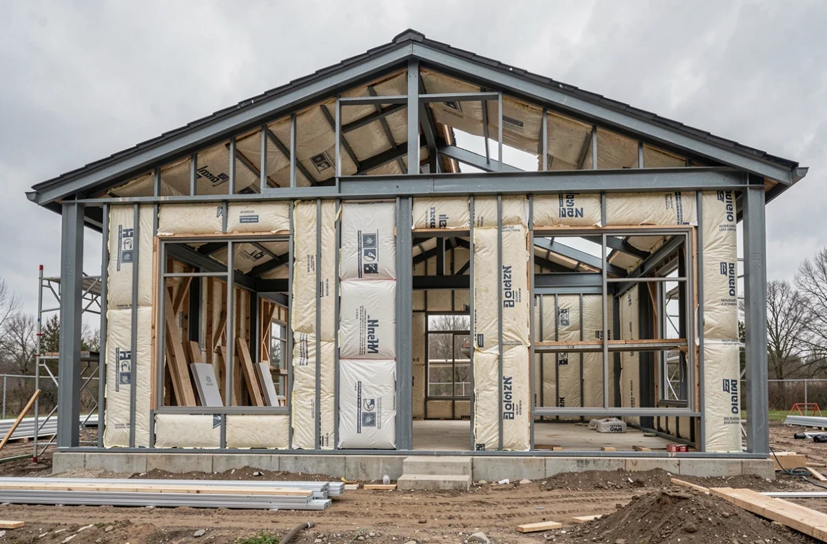 Chantier d'une maison loft avec isolation autour des baies