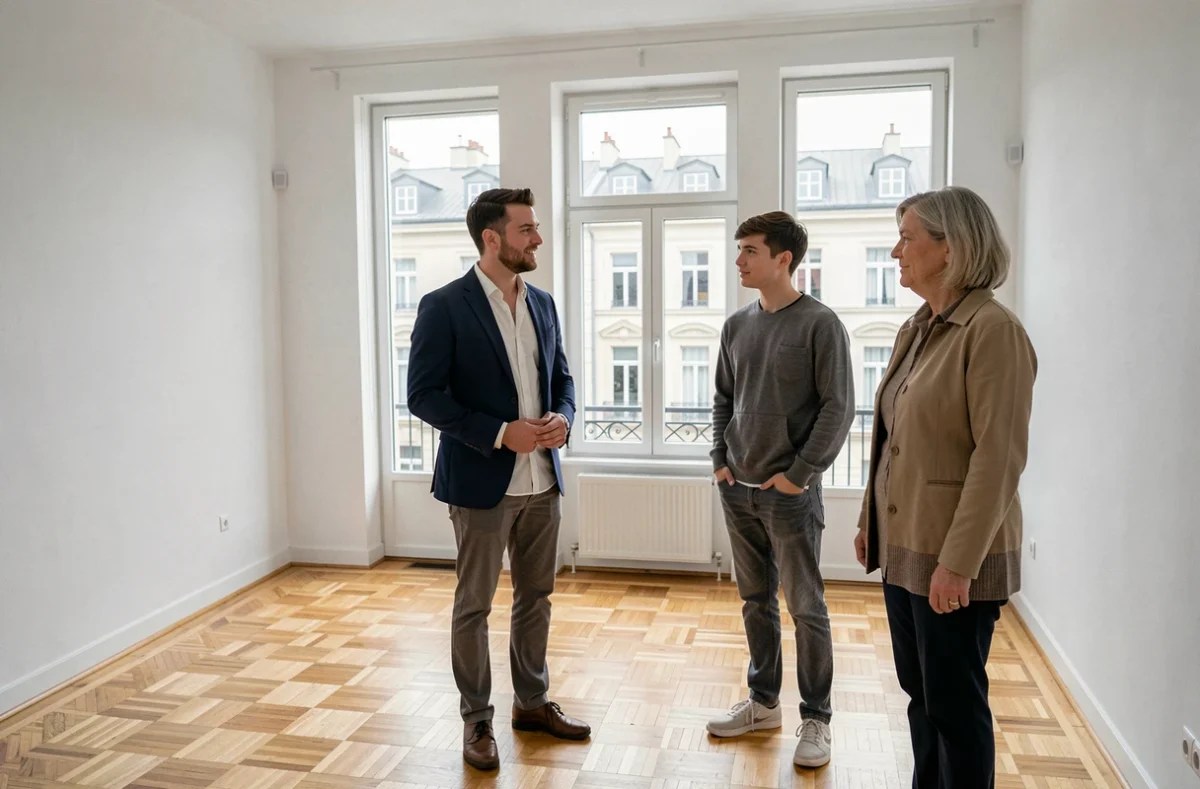 Chasseur immobilier présentant un appartement à un étudiant et sa mère rassurée lors d'une visite