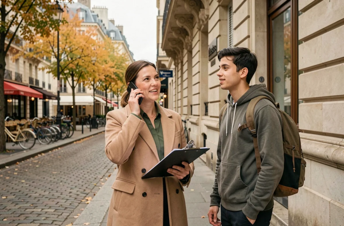 Chasseuse d'appartement et étudiant devant un immeuble haussmannien à Paris lors d'une recherche de logement