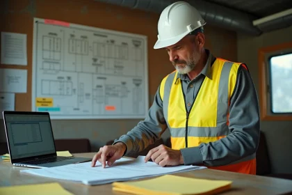 Chef de chantier examinant un contrat de révision de prix sur l'index BT47 dans un bureau de chantier