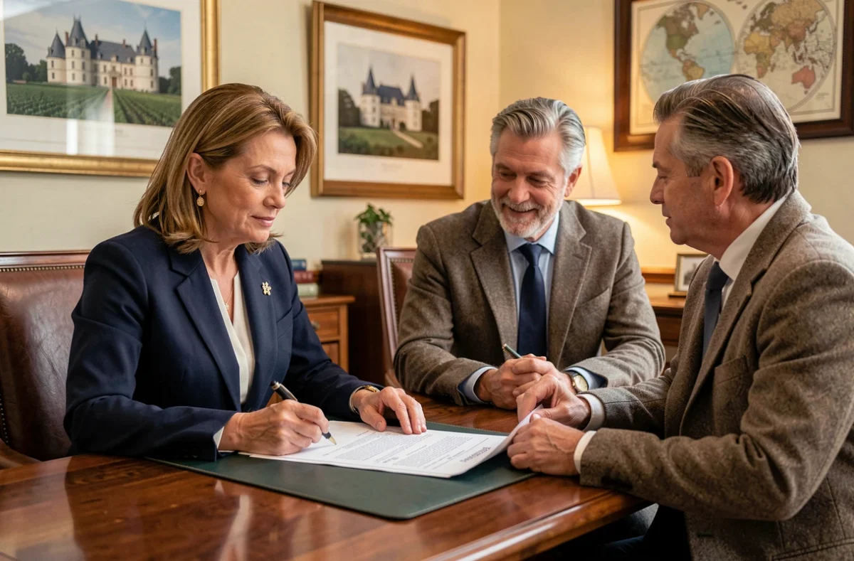 Conseillère Coldwell Banker Val Property examinant un contrat immobilier de luxe avec un couple élégant dans un bureau raffiné
