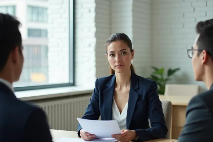 Femme en commission d'attribution de logement présentant son dossier à des professionnels dans un bureau administratif