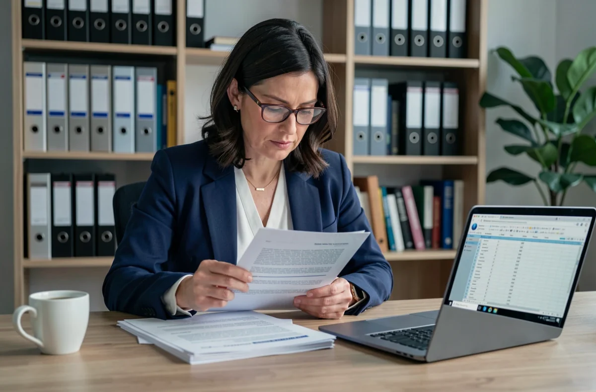 Femme comparant deux options de protection contre les loyers impayés à son bureau