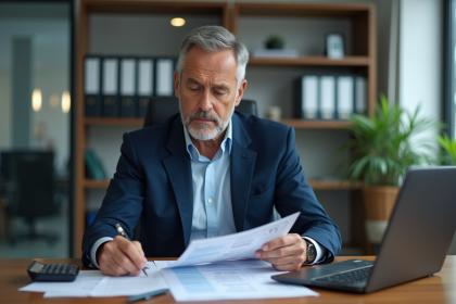 Homme comptable en costume bleu dans un bureau moderne