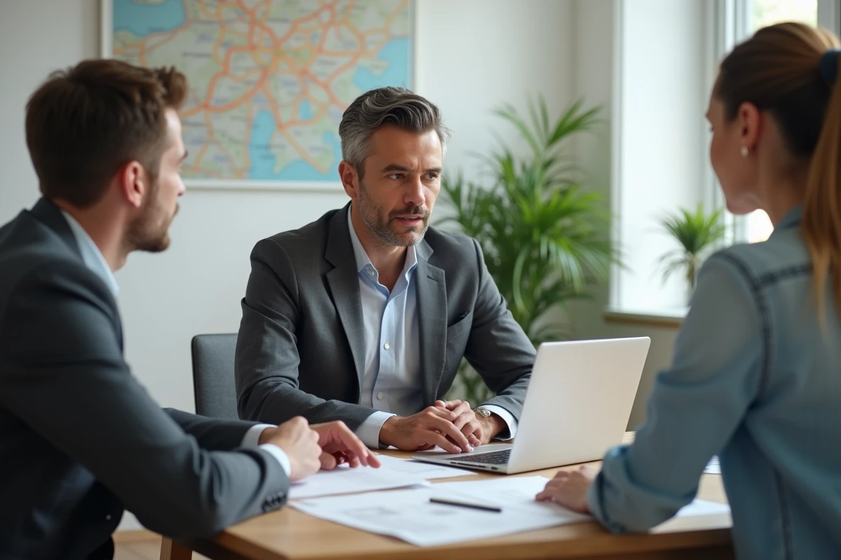 Conseiller immobilier présentant une estimation de bien à des propriétaires dans une agence immobilière à Colmar