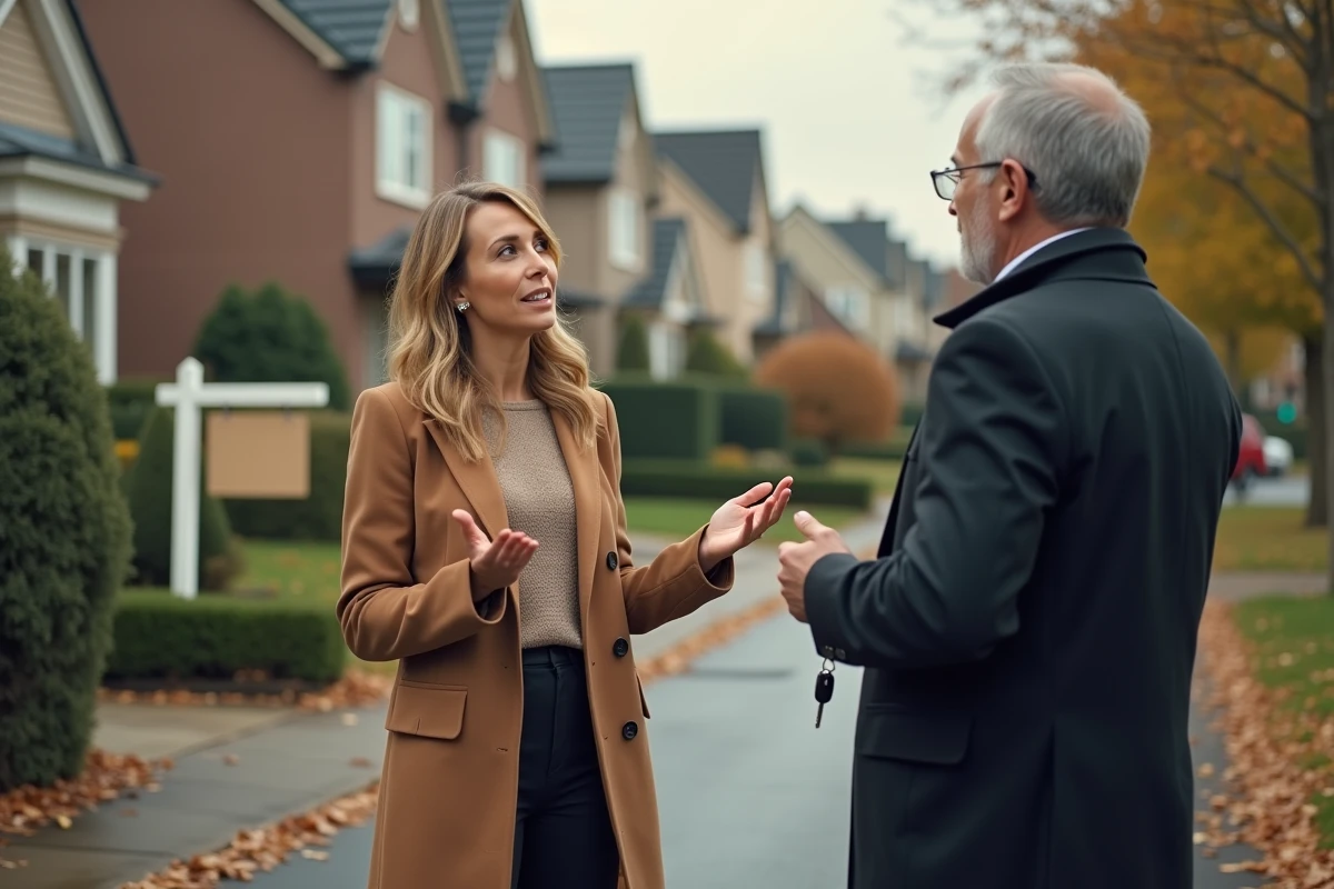 Conseillère immobilière présentant une maison à vendre à son client vendeur devant la façade de la propriété