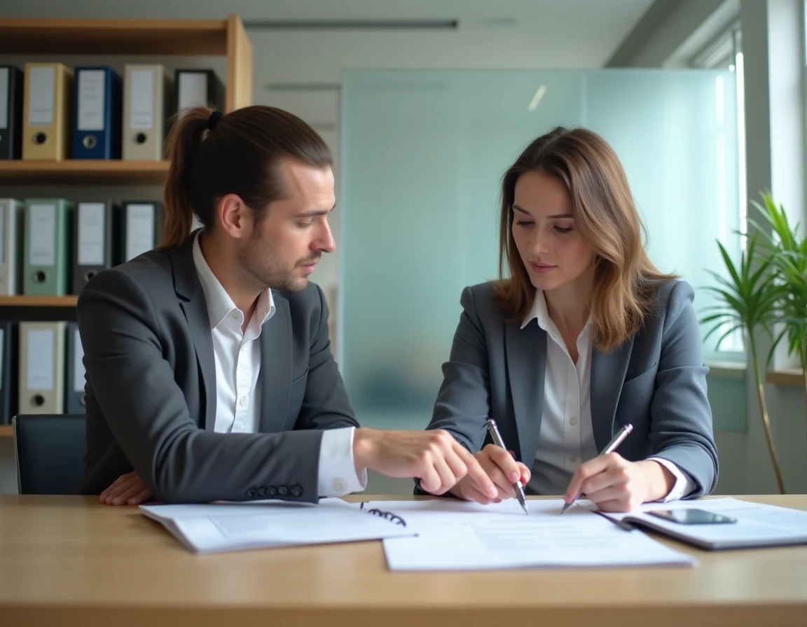 Conseillers logement en train d'étudier un dossier de candidature locative dans une agence d'habitat social