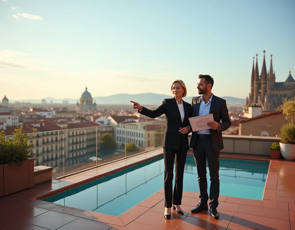 Conseillers immobiliers francophones sur une terrasse barcelonaise avec vue panoramique sur la ville et la Sagrada Família