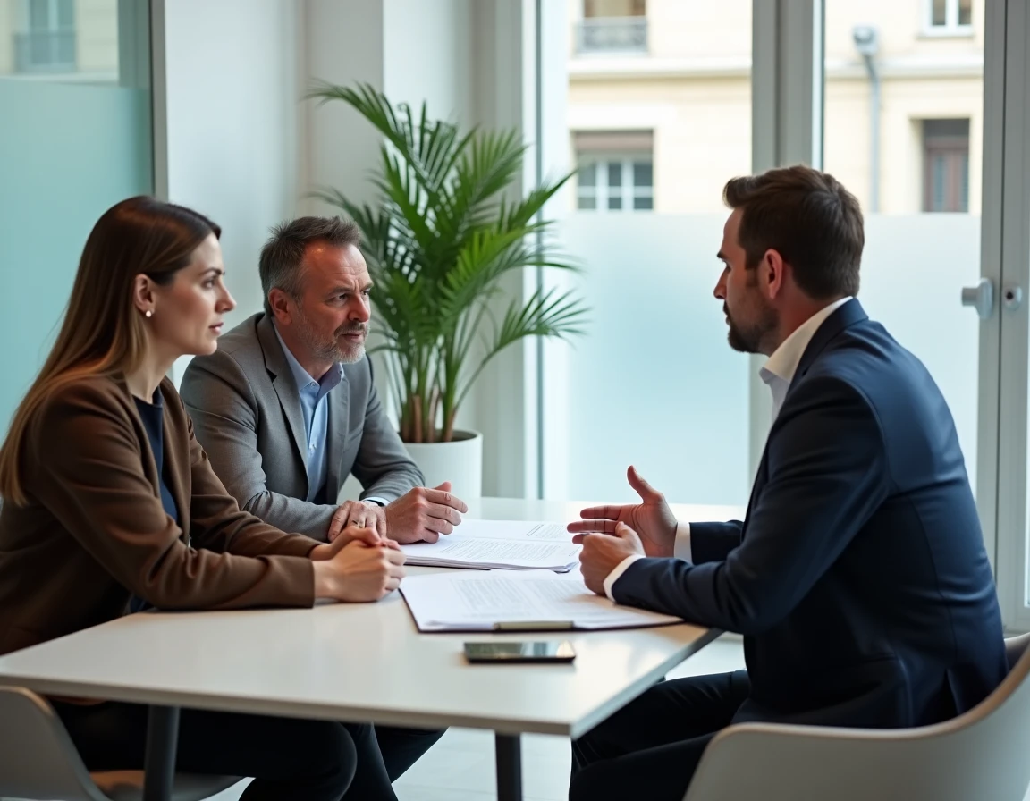 Couple consultant un notaire pour optimiser leurs droits de succession lors d'une estimation immobilière