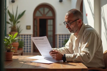 Homme marocain lisant attentivement un contrat de location longue durée dans un riad traditionnel d'Essaouira