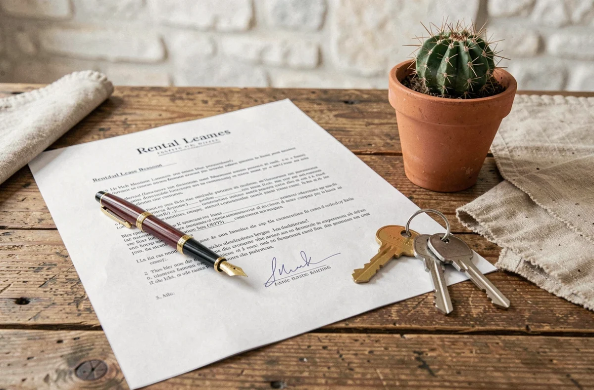 Contrat de location maison à signer avec stylo et clés sur une table en bois, style méridional