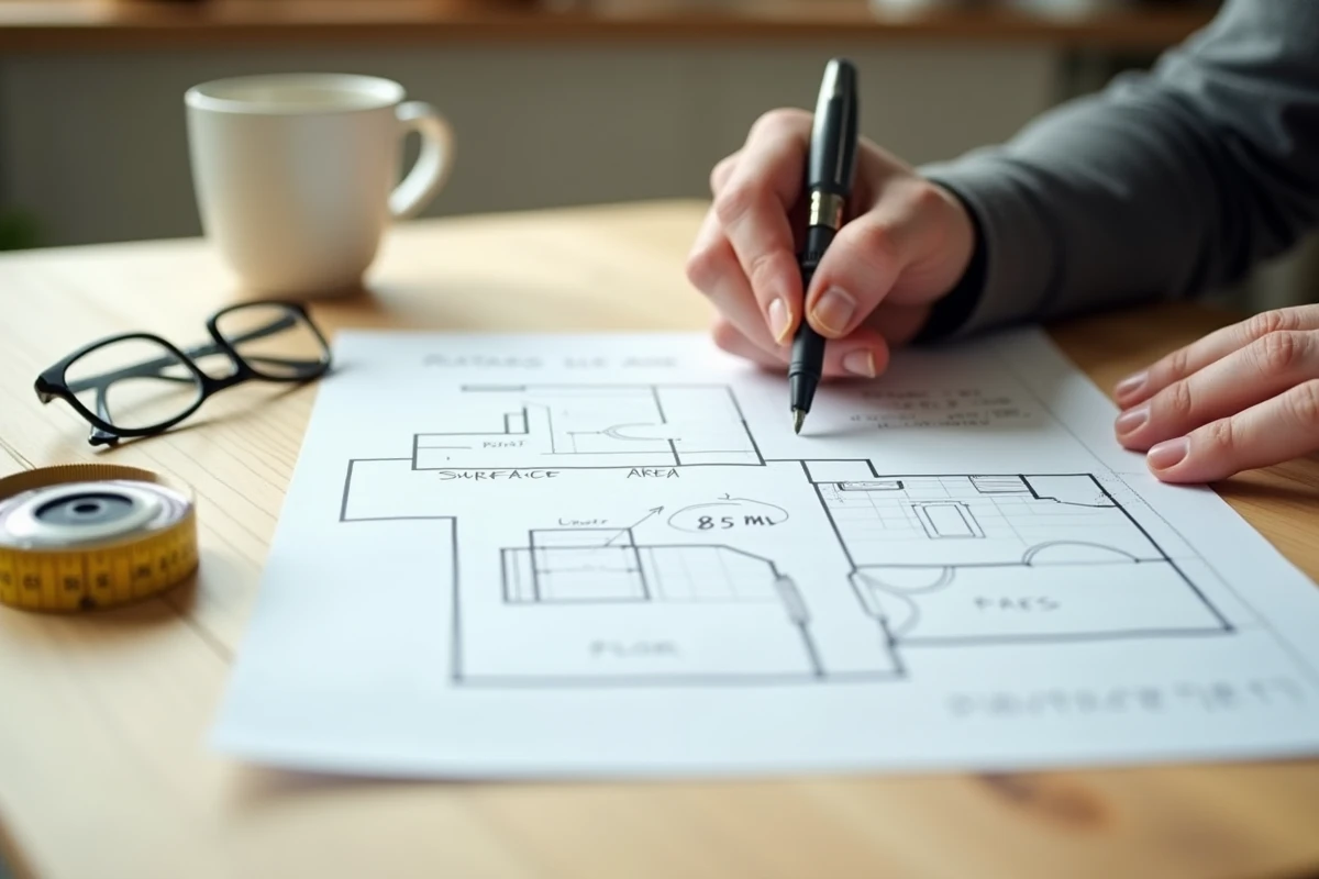 Gros plan sur un contrat de location et un plan de surface avec indication de 8,5 m², posés sur une table avec un mètre ruban, illustrant la réglementation sur la taille minimale des chambres