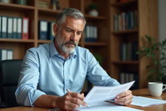 Copropriétaire examinant un document juridique relatif à l'article 606 du code civil dans un bureau à domicile