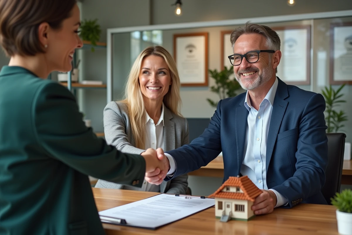 Frère et sœur co-propriétaires signant un contrat de location avec un agent immobilier en agence