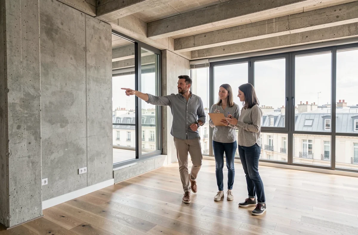 Agent de Côté Acheteur Nantes guidant un couple dans la visite d'un appartement contemporain avec vue sur les toits de Nantes
