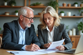 Couple d'adultes assurés examinant documents d'assurance à la maison