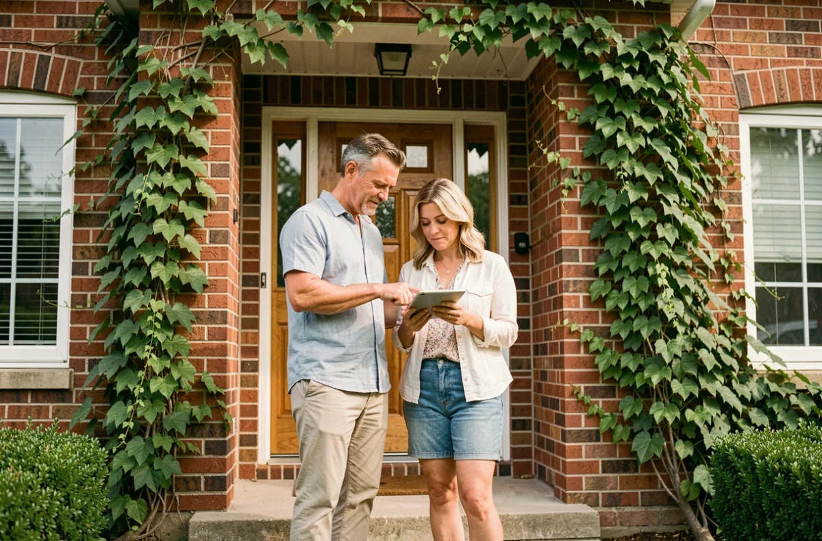 Couple examinant leur contrat d'assurance habitation sur une tablette devant leur maison individuelle