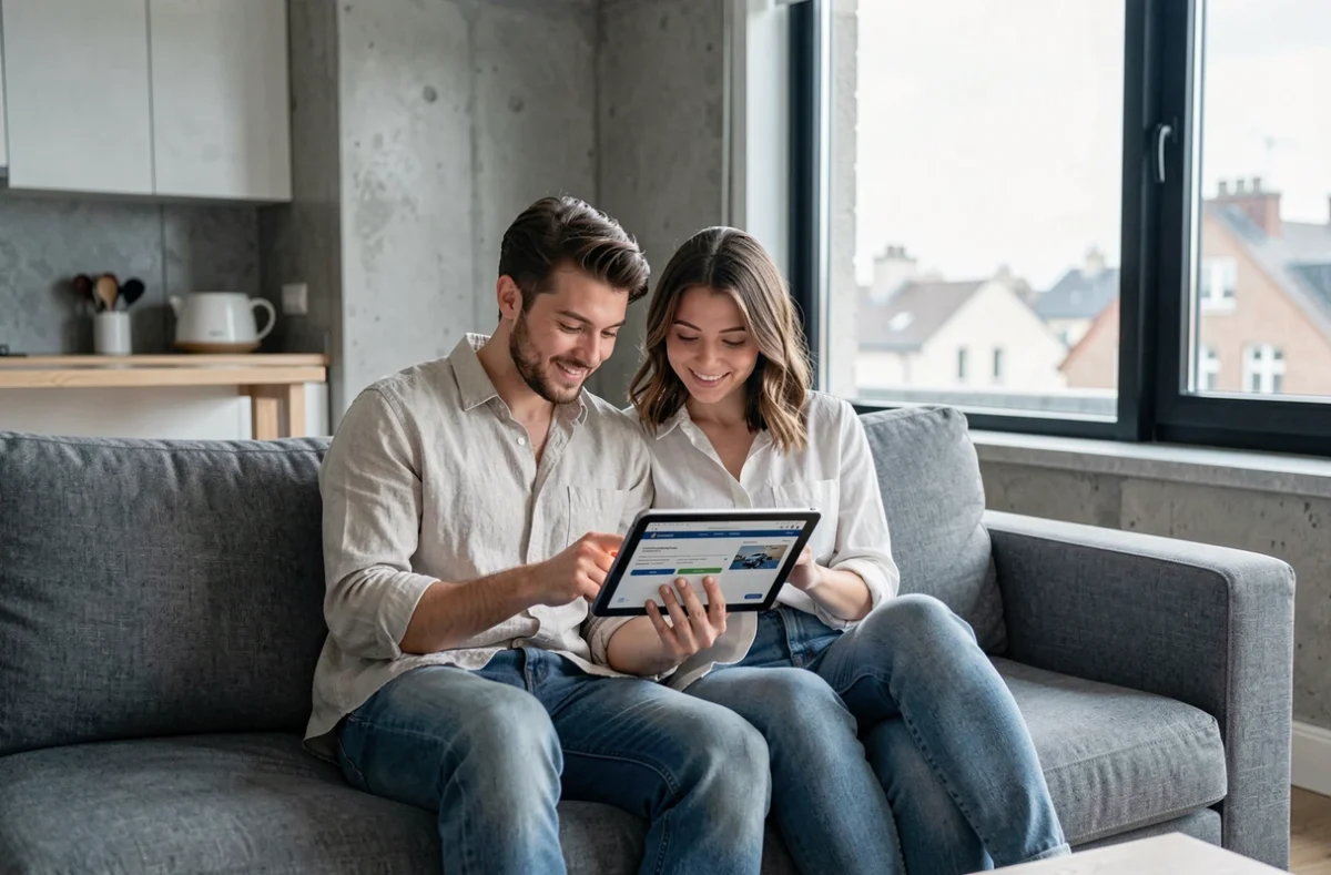 Jeune couple comparant des offres d'assurance habitation sur tablette dans un appartement studio