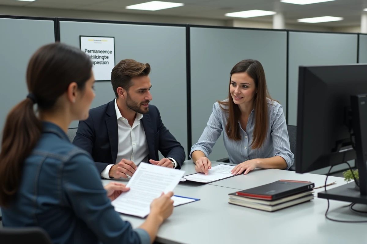 Couple de locataires consultant un conseiller logement pour un surloyer abusif en HLM