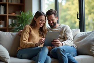 Couple dans un salon moderne discutant d'un plan sur une tablette