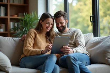 Couple dans un salon moderne discutant d'un plan sur une tablette