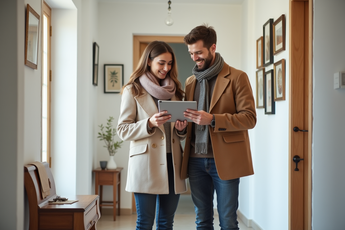 Jeune couple souriant vérifiant tablette dans l