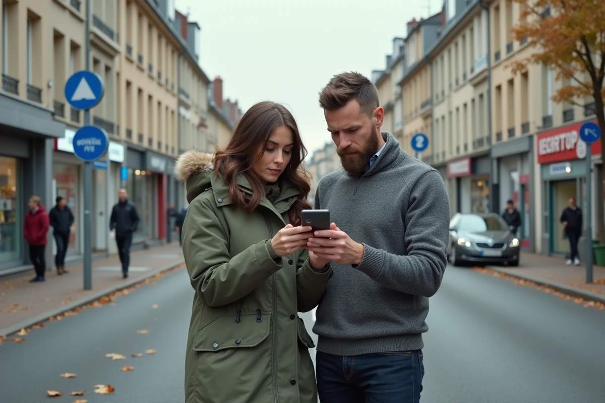 Couple évaluant un quartier de Créteil à l'aide d'une application mobile avant de signer un contrat immobilier