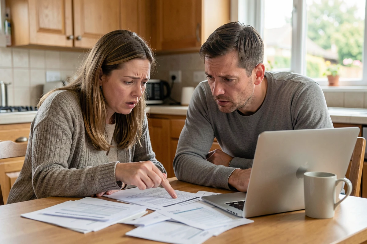 Couple étudiant des offres de financement alternatif pour l'achat d'une maison abandonnée autour d'une table couverte de documents