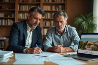 Couple français inquiet examinant des documents d'investissement immobilier à l'île Maurice sur un bureau encombré de contrats