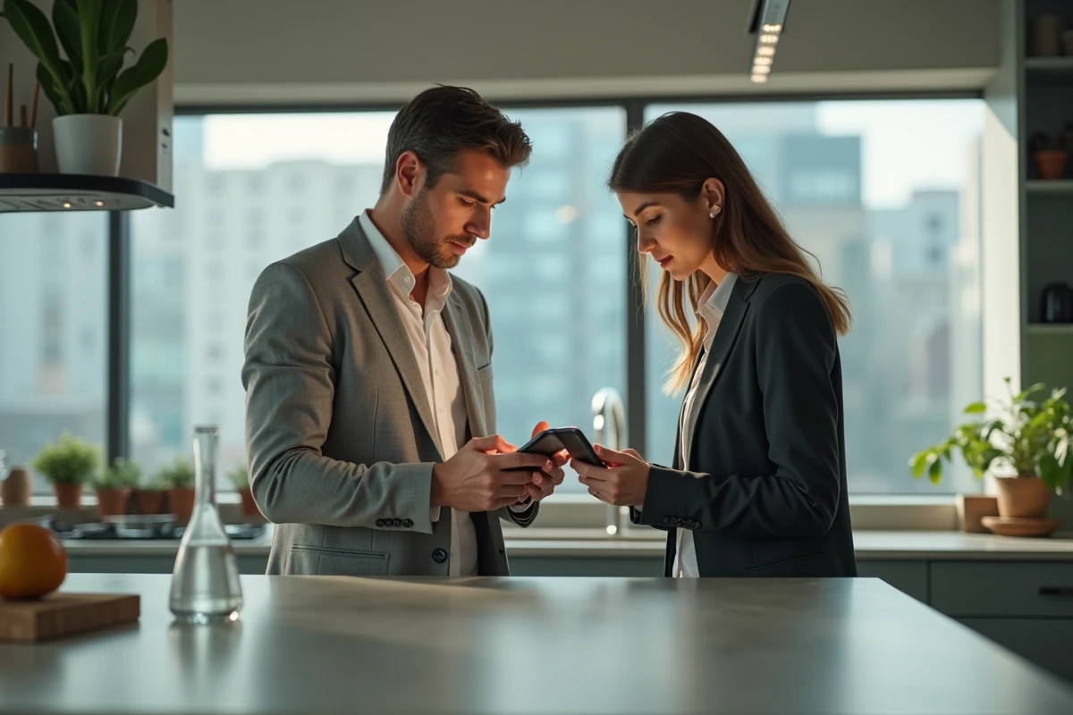 Couple d'investisseurs d&eacute;butants comparant des historiques de prix immobiliers sur smartphones dans une cuisine moderne