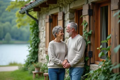 Couple français souriant devant une maison au bord du lac