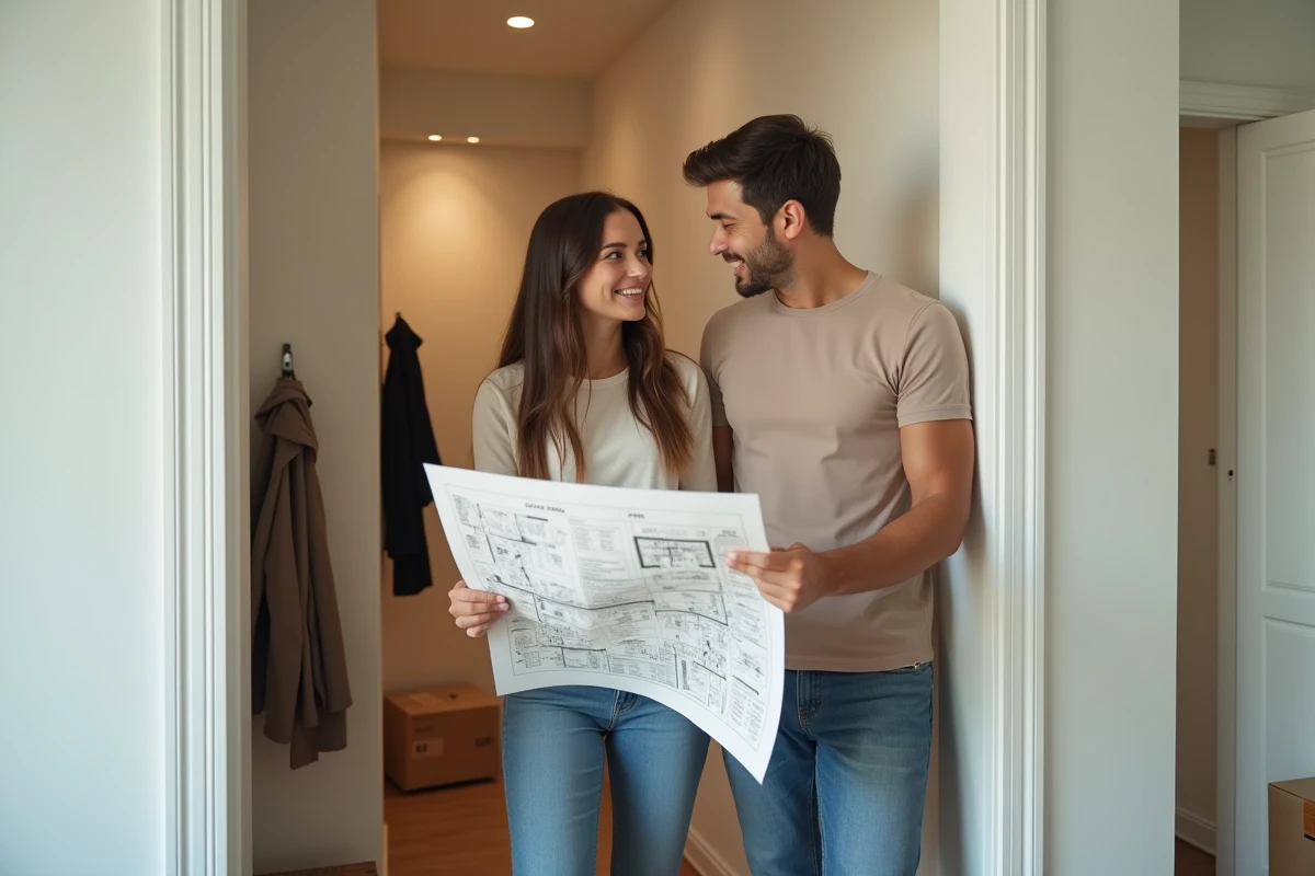 Jeune couple regardant un plan dans un hall d appartement