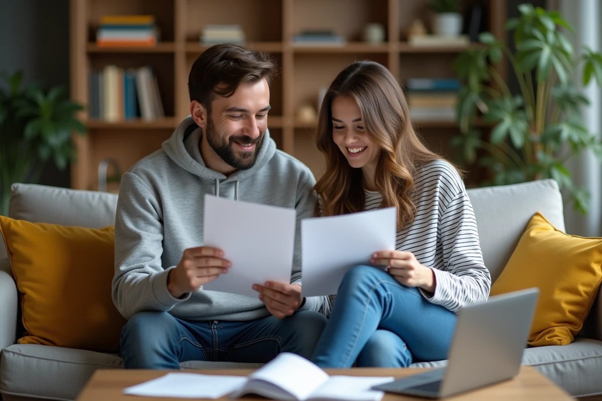 Couple relisant ensemble une lettre de motivation pour louer un appartement dans leur salon