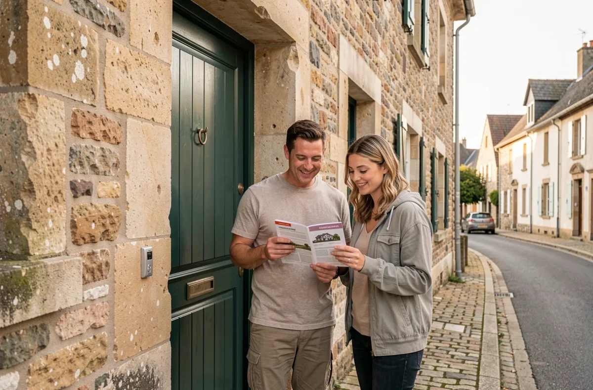 Couple devant une maison en pierre typique de Chalon-sur-Saône tenant un document d'assurance habitation