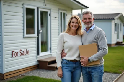 Couple souriant devant leur mobile home &agrave; vendre