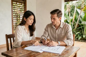 Couple mixte franco-thaïlandais examinant des documents juridiques pour l'achat d'une villa en Thaïlande