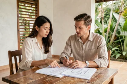 Couple mixte franco-thaïlandais examinant des documents juridiques pour l'achat d'une villa en Thaïlande