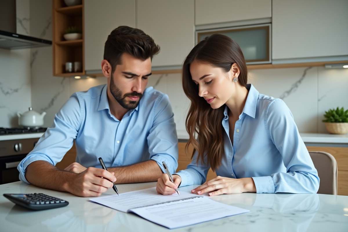 Jeune couple lisant des documents de prêt immobilier
