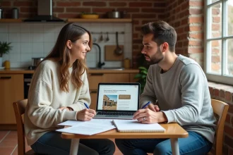 Jeune couple négociant un contrat de location d'une petite maison avec jardin autour d'une table avec des documents immobiliers
