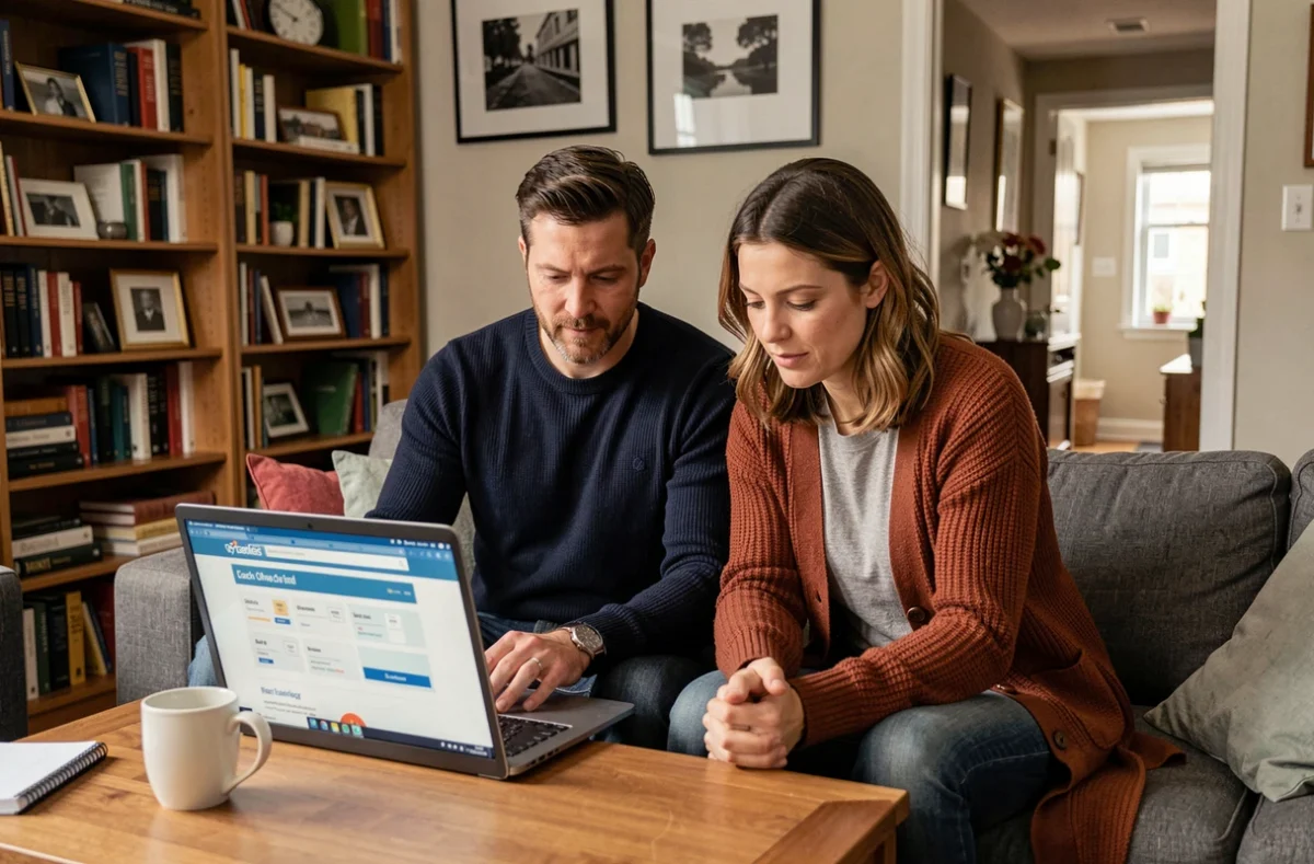Couple de propriétaires comparant des offres d'assurance habitation sur un ordinateur portable dans leur salon