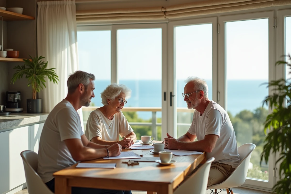 Couple et agent discutant de documents dans cuisine en vue mer