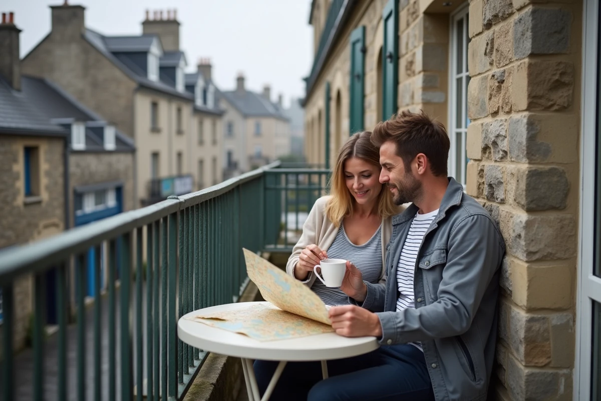 Couple savourant un café matinal sur la terrasse d'un appartement de location à Concarneau