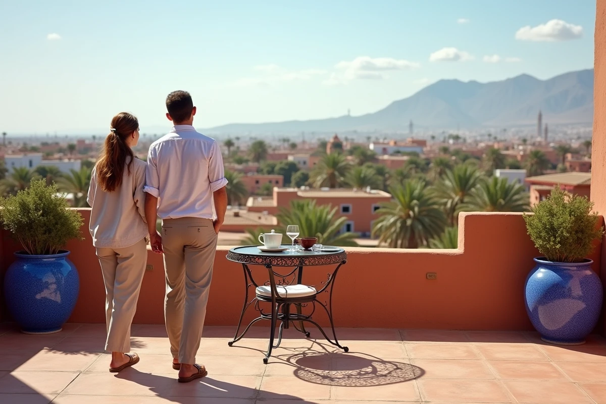 Couple visitant la terrasse d'une villa de luxe à vendre à Marrakech avec vue panoramique sur la médina et les montagnes de l'Atlas