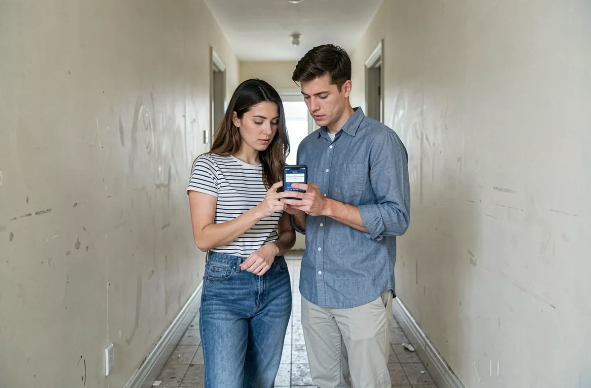Couple vérifiant la surface habitable d'un appartement en location à l'aide d'une application calculatrice m2 sur smartphone