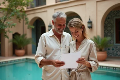 Couple souriant lisant une checklist pr&egrave;s de la piscine &agrave; Essaouira