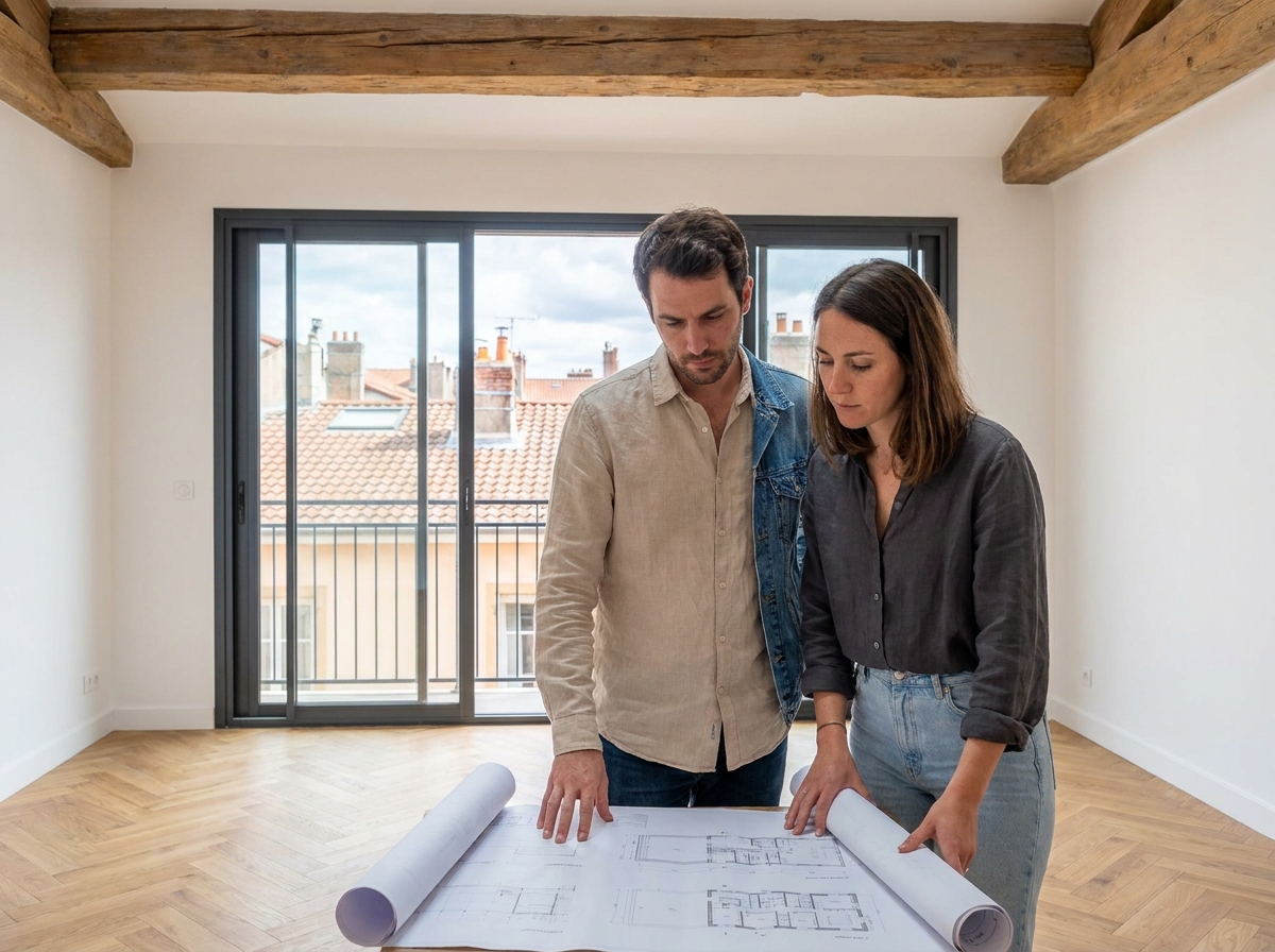 Couple visitant un appartement à Lyon pour choisir entre programme neuf et ancien rénové, visite immobilière lyonnaise