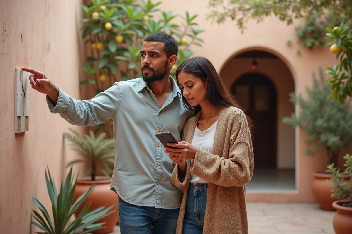 Couple visitant une maison avec jardin à louer longue durée à Essaouira en inspectant les détails avant location
