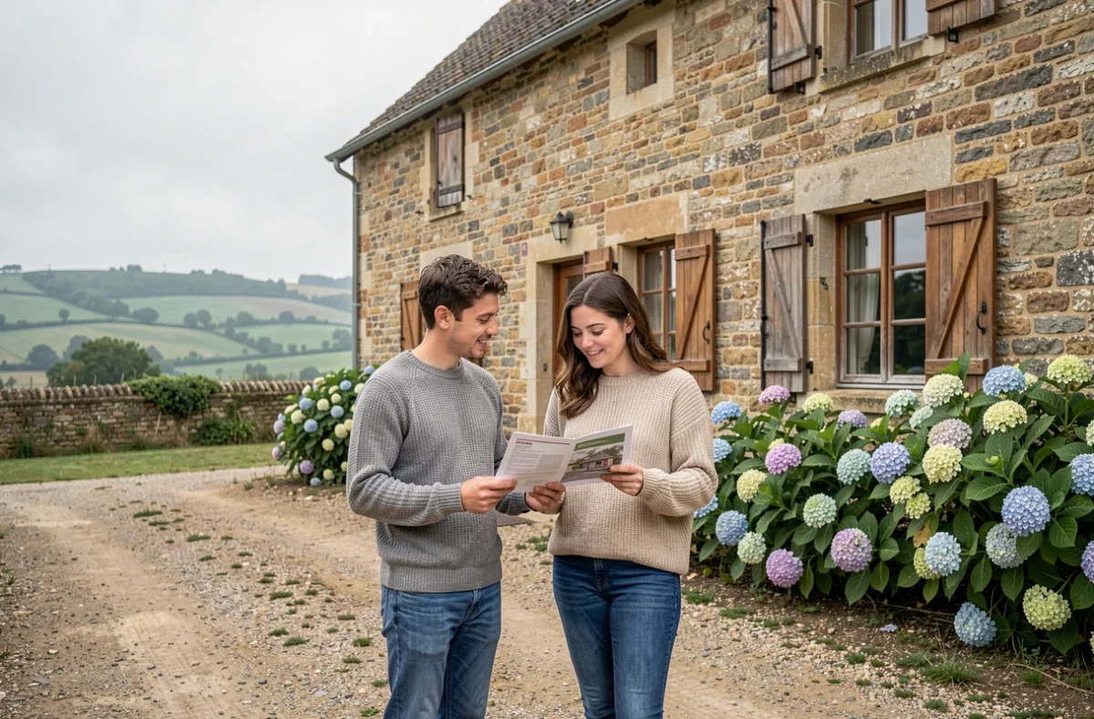 Couple visitant une maison en pierre à louer dans la Creuse en milieu rural
