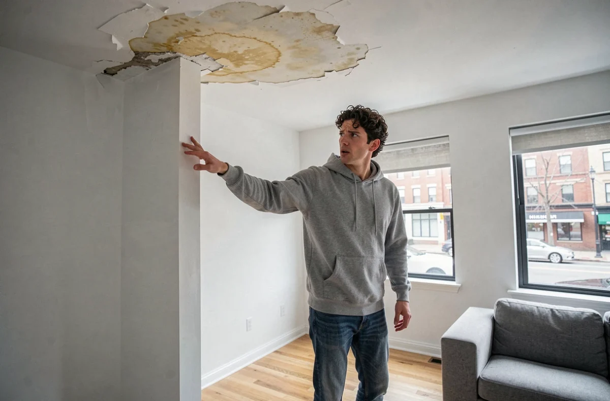 Jeune homme constatant des dégâts des eaux au plafond de son appartement en vue d'une déclaration de sinistre